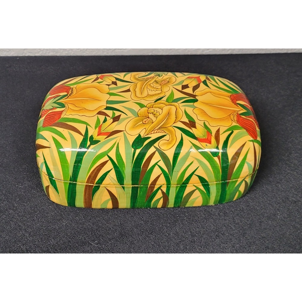VTG 80s Kashmiri Papier Mache Trinket Box Hand-Painted Yellow Red Floral Lacquer